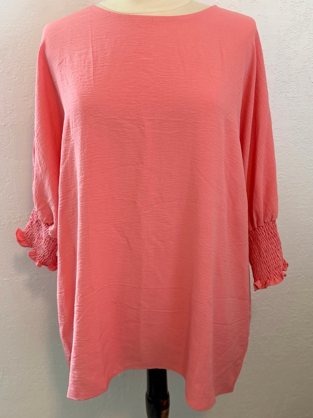 Smocked-Cuff Boatneck Tunic in Coral Pink